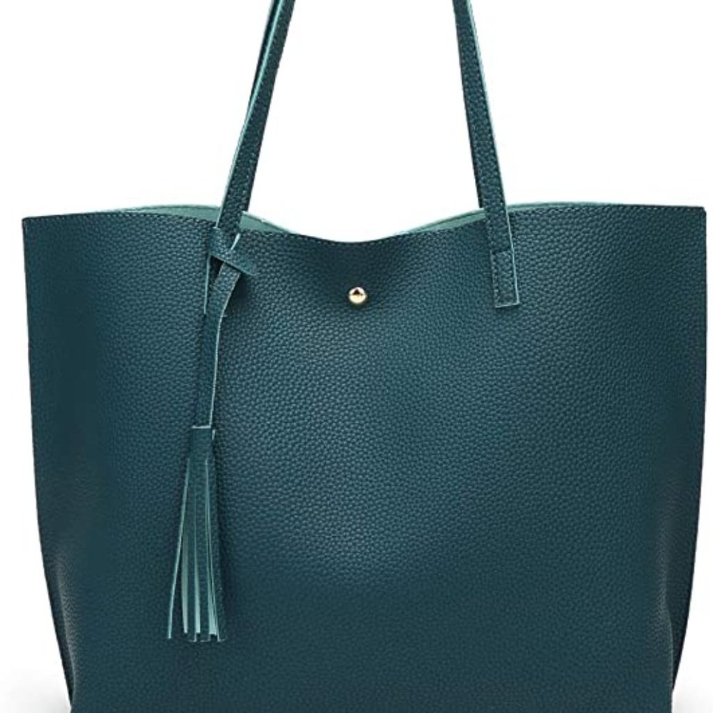 Dark Teal Faux Leather Soft Tote Bag with Tassel